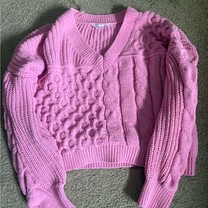 No Boundaries V-Neck Pink Cable Knit Sweater (Oversized)
